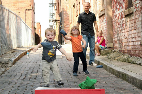 Playing a game in Five Points Alley in Cincinnati