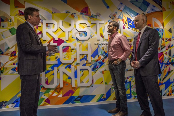 Sen. Mark Warner (D-VA), with Paul Singh and Mitchell Shear at Crystal Tech Fund