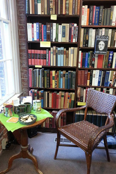 Setting up for teatime at Riverby Books
